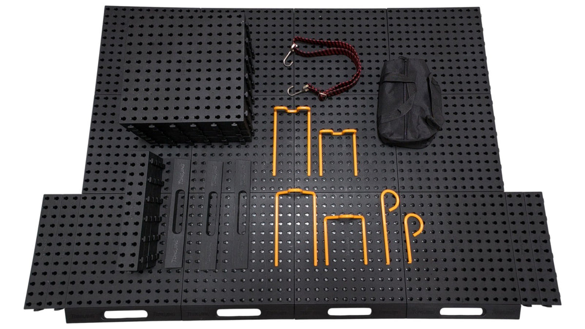TONGJING modular truck bed storage system kit with grid panels, clips, hooks, straps and pouch